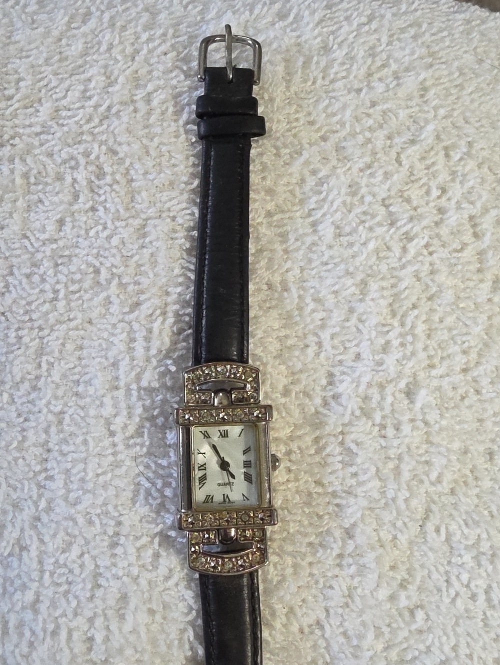 Avon Black Leather Strap Watch with Crystal-Trimmed Rectangular Dial